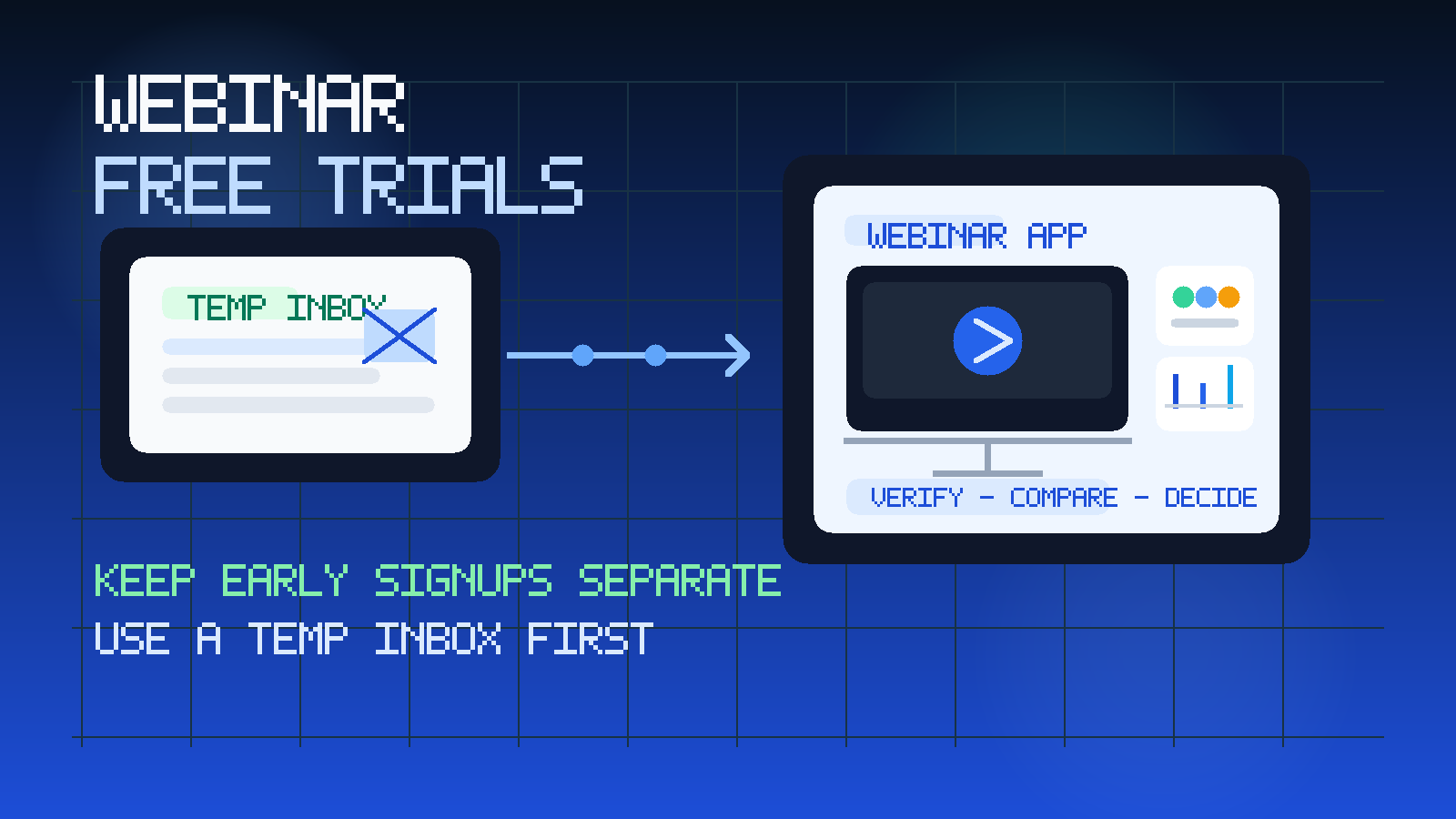 Original illustration showing a temporary inbox, a webinar platform dashboard, attendee icons, and a presentation screen.