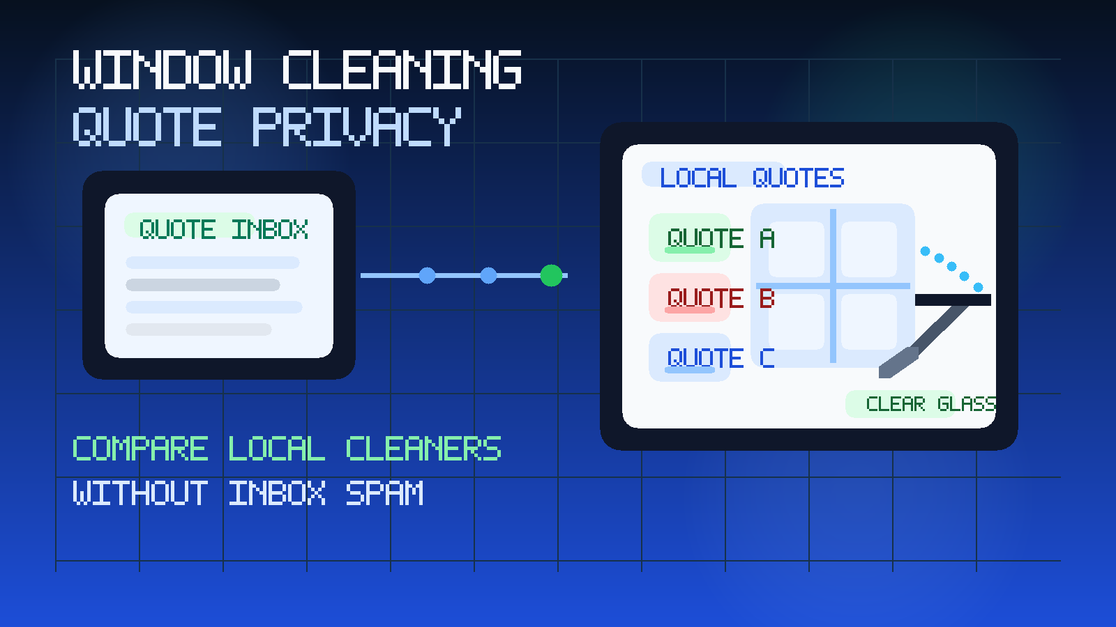 Original illustration showing a temporary quote inbox beside window cleaning estimate cards and a bright home window with a squeegee.