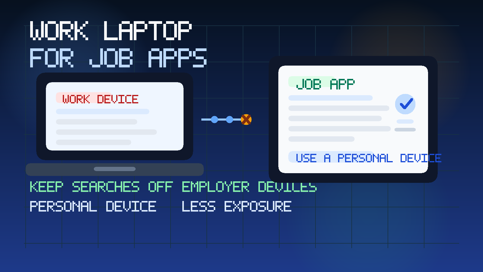 Original illustration of a work laptop, a job application form, and a privacy shield warning about employer monitoring.