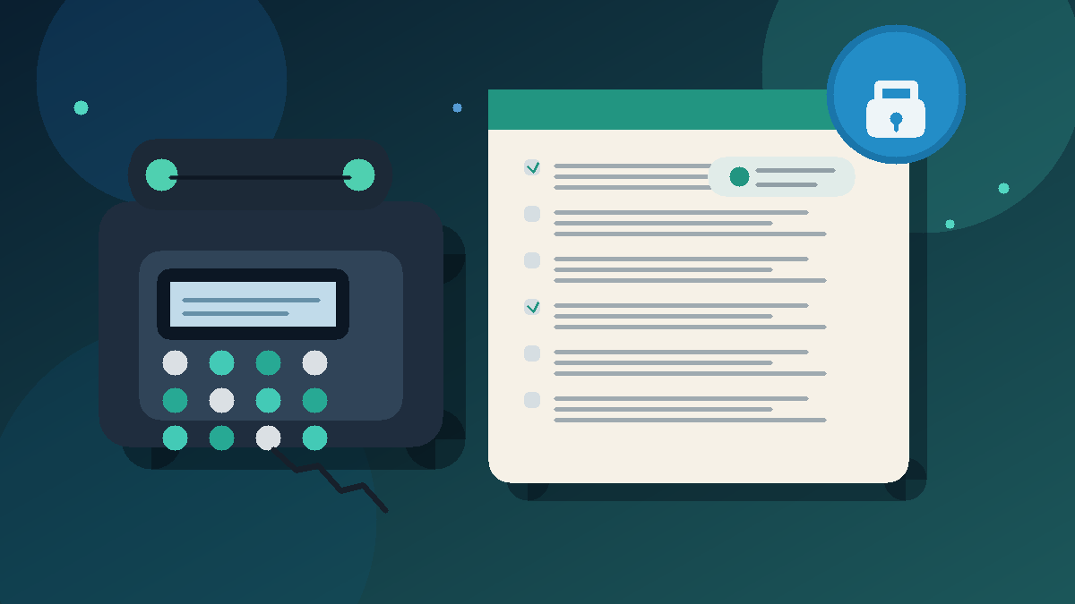 Illustration of an office desk phone beside a job application form and privacy lock icon