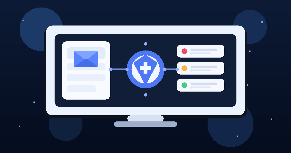 Illustration of an XDR trial dashboard with inbox messages, security alerts, and a shield overlay.