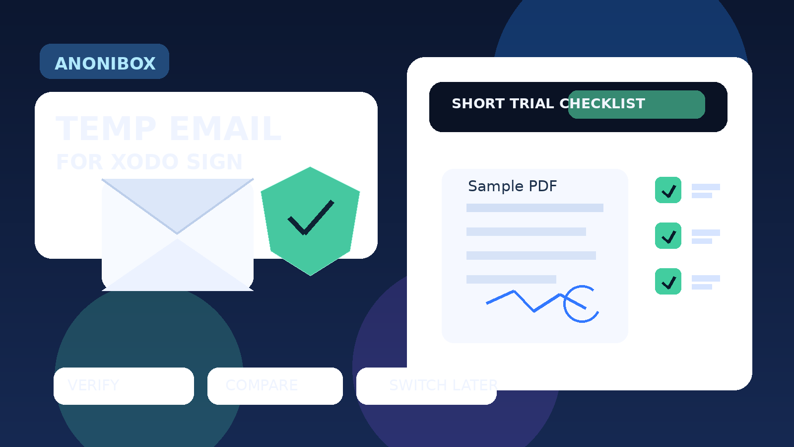 Original illustration of a temporary inbox, signed document, and privacy shield for a Xodo Sign evaluation