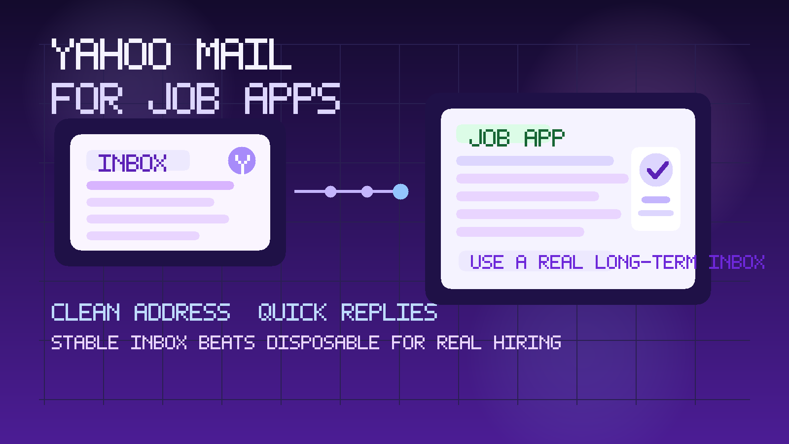 Original illustration of a Yahoo-style purple inbox, a job application form, and privacy controls for job seekers.