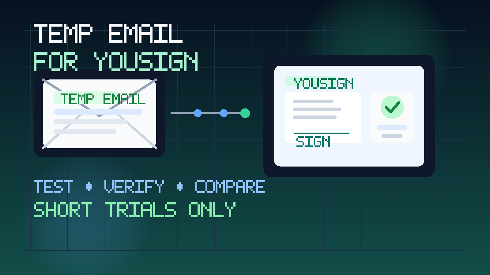 Original illustration of a temporary inbox, signed document workflow, and privacy shield for a Yousign trial.