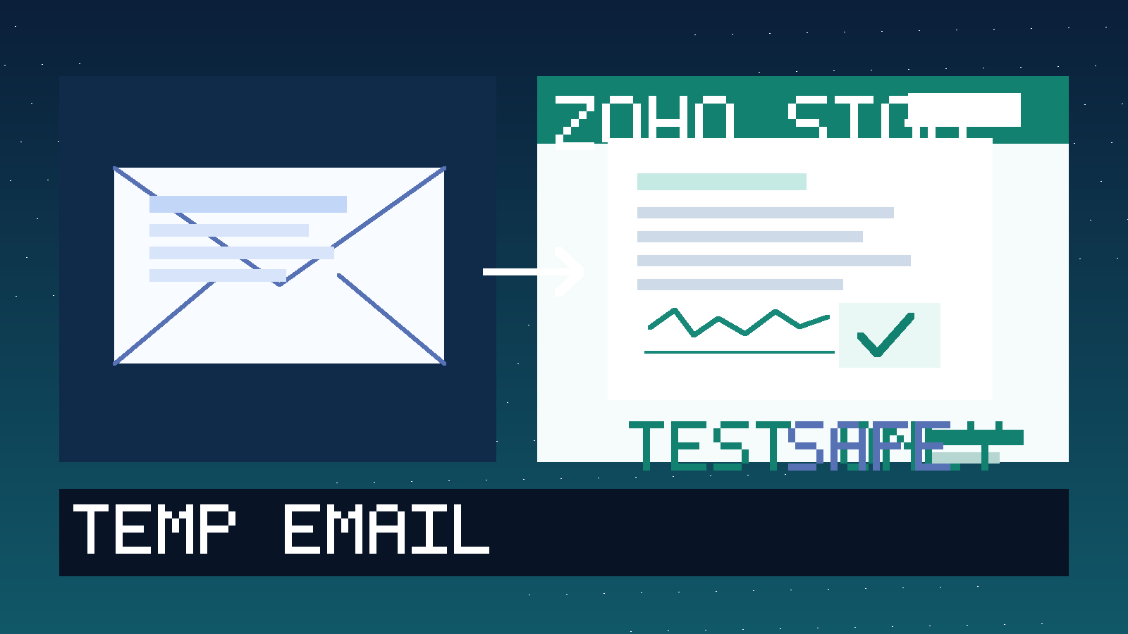 Illustration for temp email for Zoho Sign showing a temporary inbox, a signed document, and a privacy-focused trial workflow