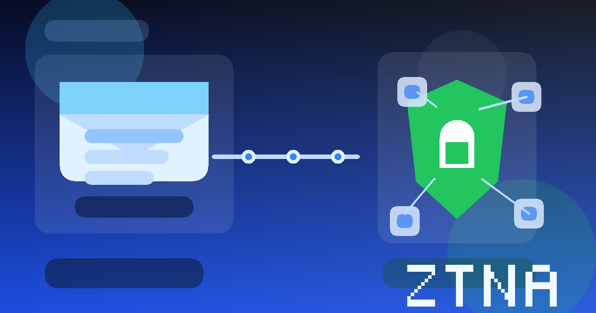 Illustration of a temporary inbox, a security shield, and connected app access representing ZTNA trial signups.