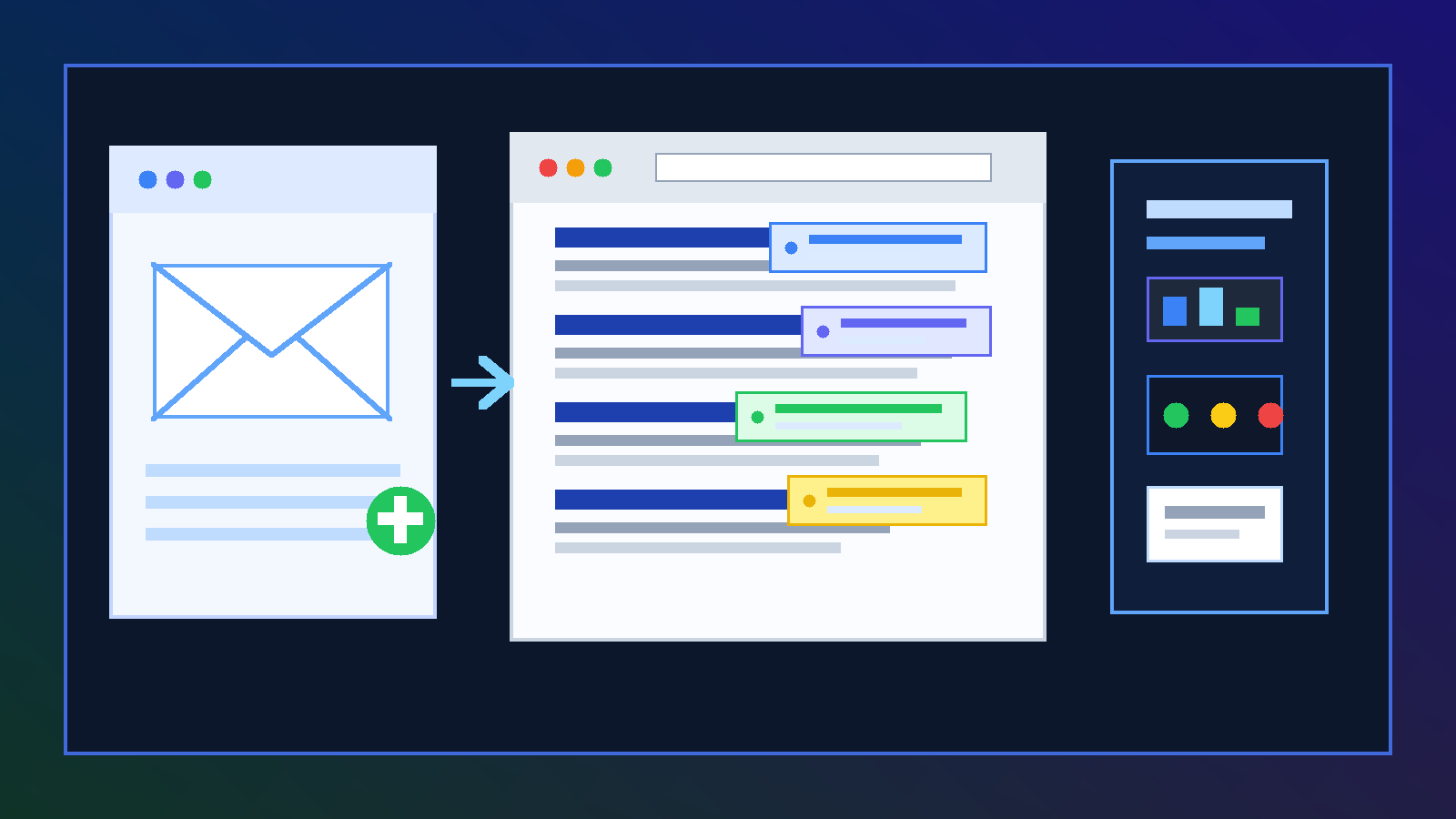 Illustration of a temporary inbox next to a search-results page with keyword research overlays and charts.