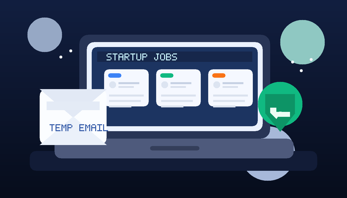 Illustration of a laptop with startup job cards, a shield, and a private email envelope.