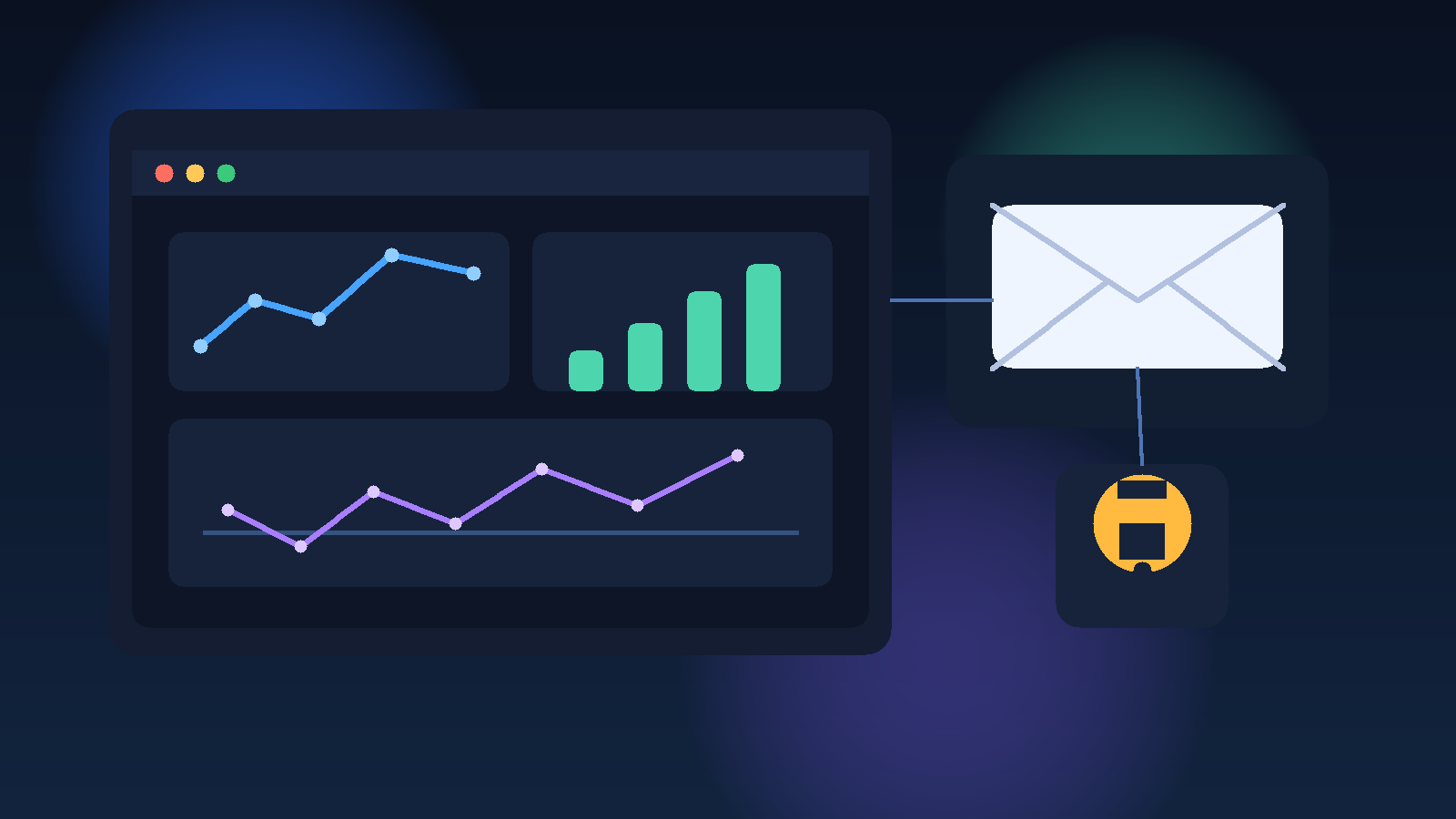 Illustration of a monitoring dashboard, alert bell, and temporary inbox for AppDynamics trial evaluations