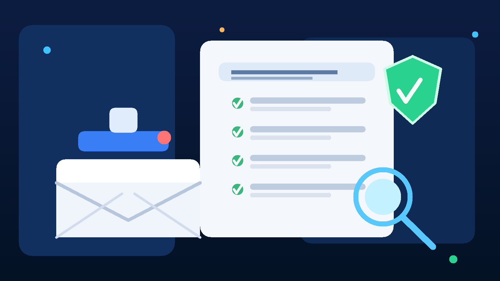 Illustration of a temporary inbox, a background check report, and a magnifying glass for software trial evaluation
