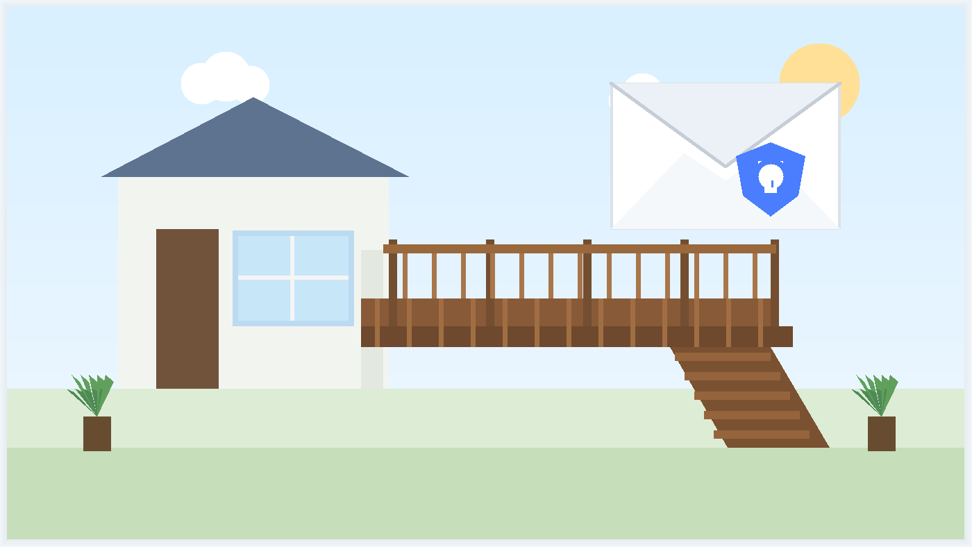 Illustration of a backyard deck with an email envelope and privacy lock