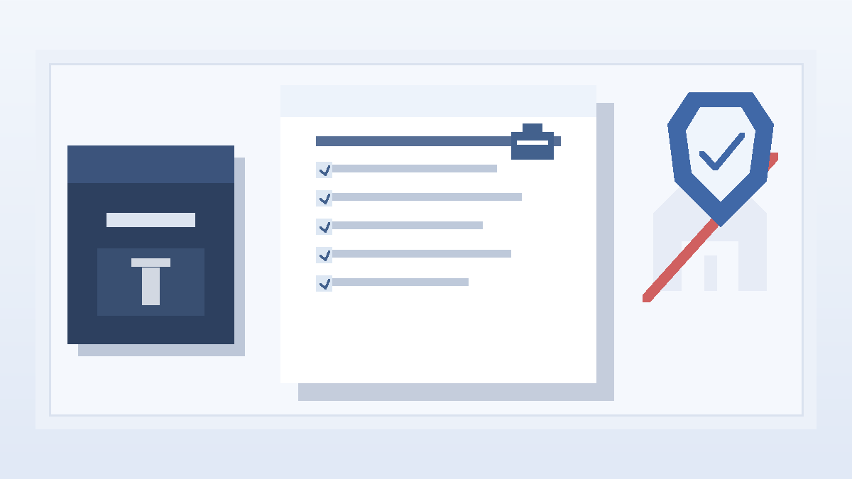 Illustration of a PO box, job application form, and privacy shield