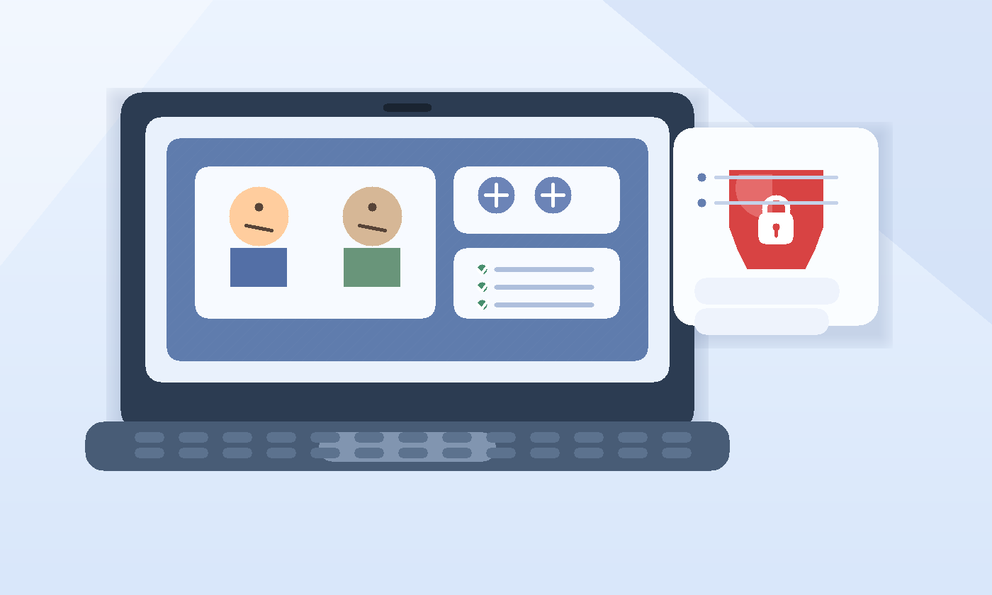 Illustration of a work laptop showing a video interview window beside a privacy shield.