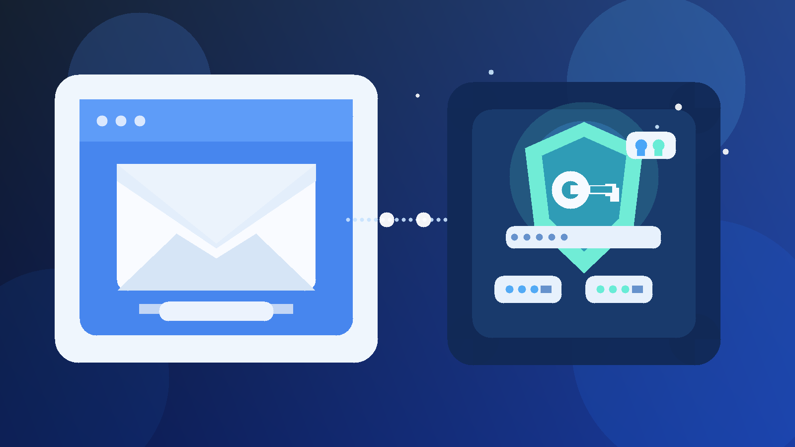 Original illustration of a temporary inbox connected to a password-vault dashboard with a shield and key icon.
