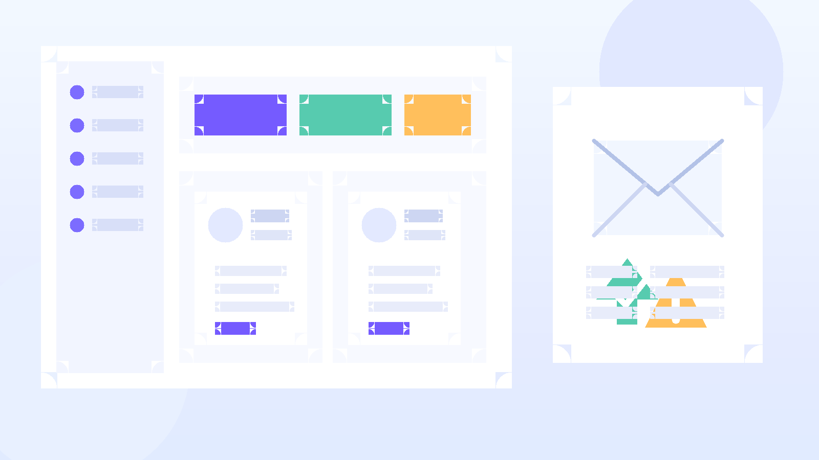 Illustration of an LMS dashboard beside a temporary inbox used for short-term Docebo testing.