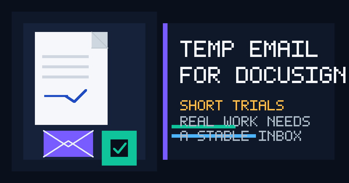 Illustration of a temporary email inbox and digital signature document for DocuSign trial testing
