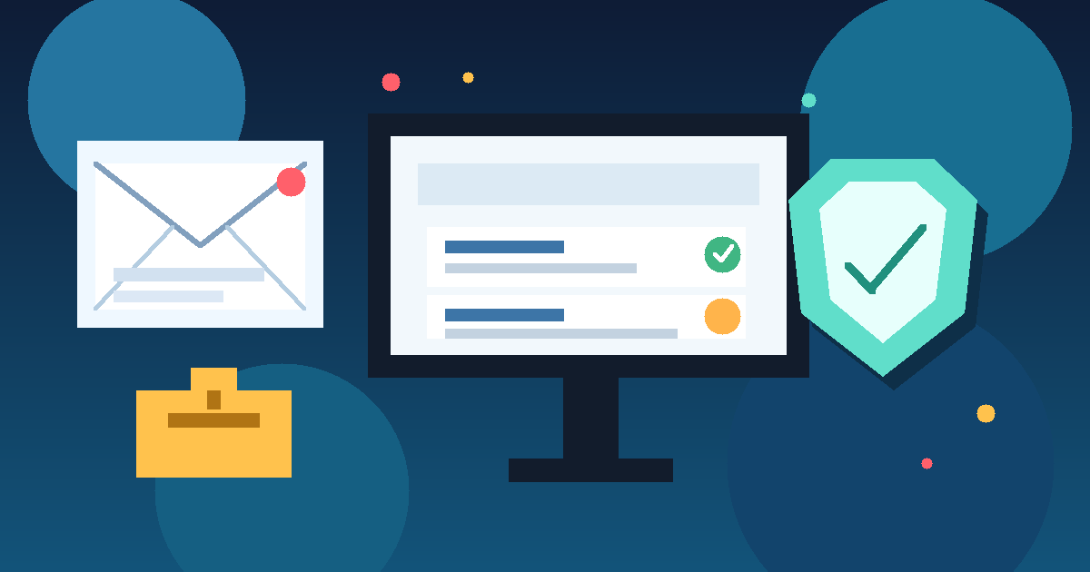 Illustration of a privacy-first job search setup with a temporary inbox, job listings, and a security shield
