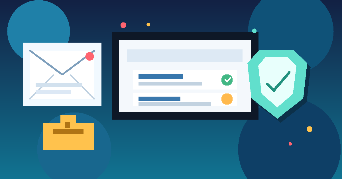 Illustration of a temporary inbox, job board listings, and a privacy shield for an InfoJobs article