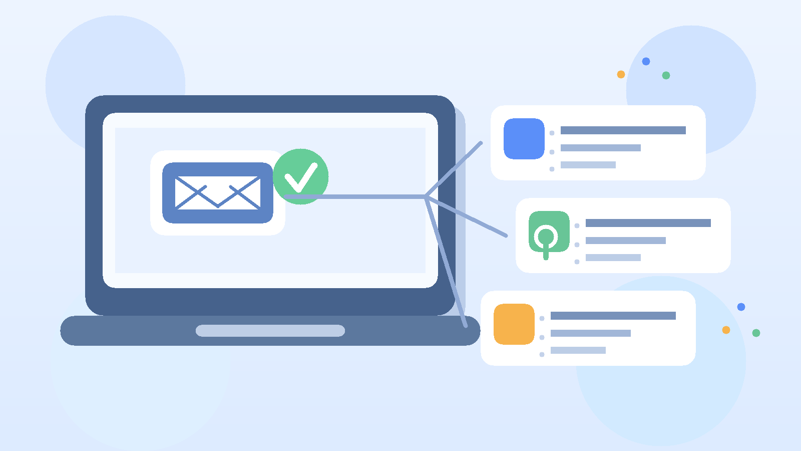 Illustration of a laptop with a temporary inbox, remote job cards, and a privacy shield.