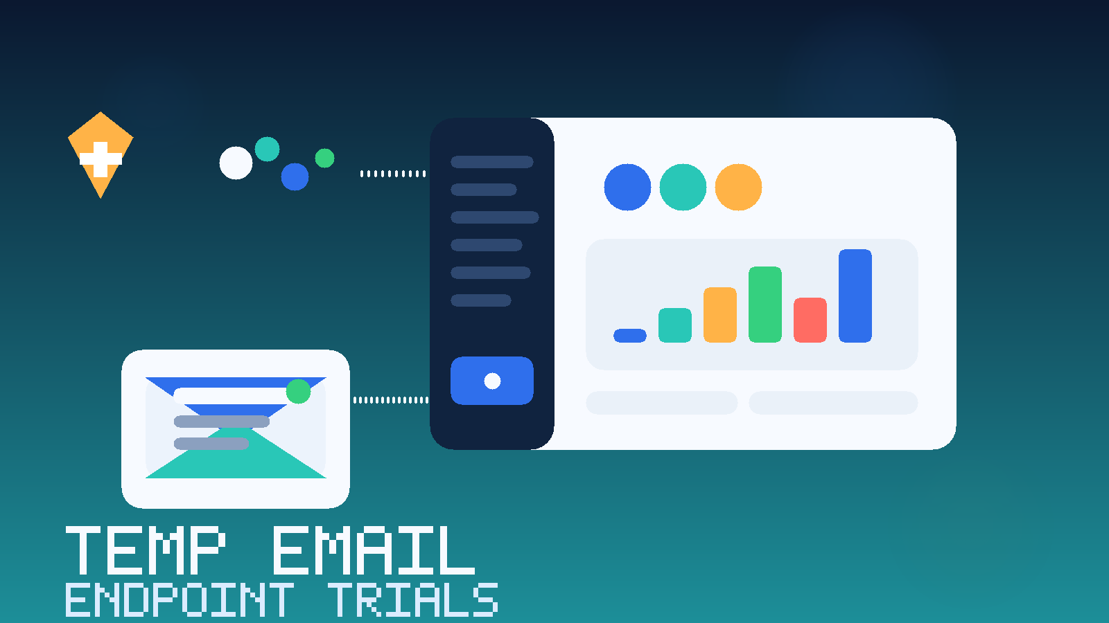 Original illustration of a temporary email inbox next to an endpoint-management dashboard, shield, and connected devices.