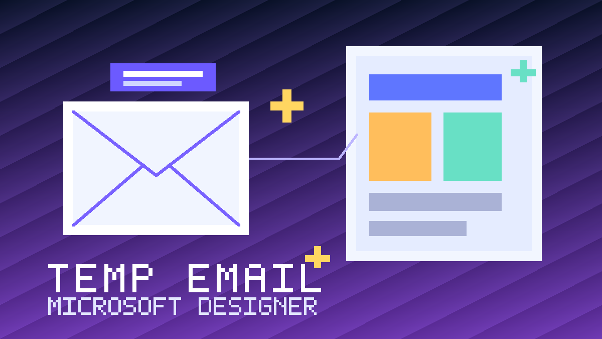 Illustration of a temporary email inbox beside a design canvas and creative layout blocks