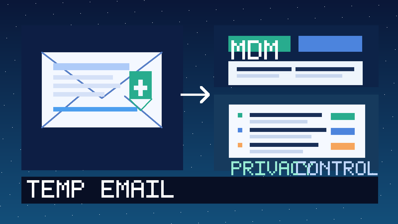 Illustration of a temporary inbox beside a mobile device management dashboard with enrolled devices, policy cards, and a privacy shield.