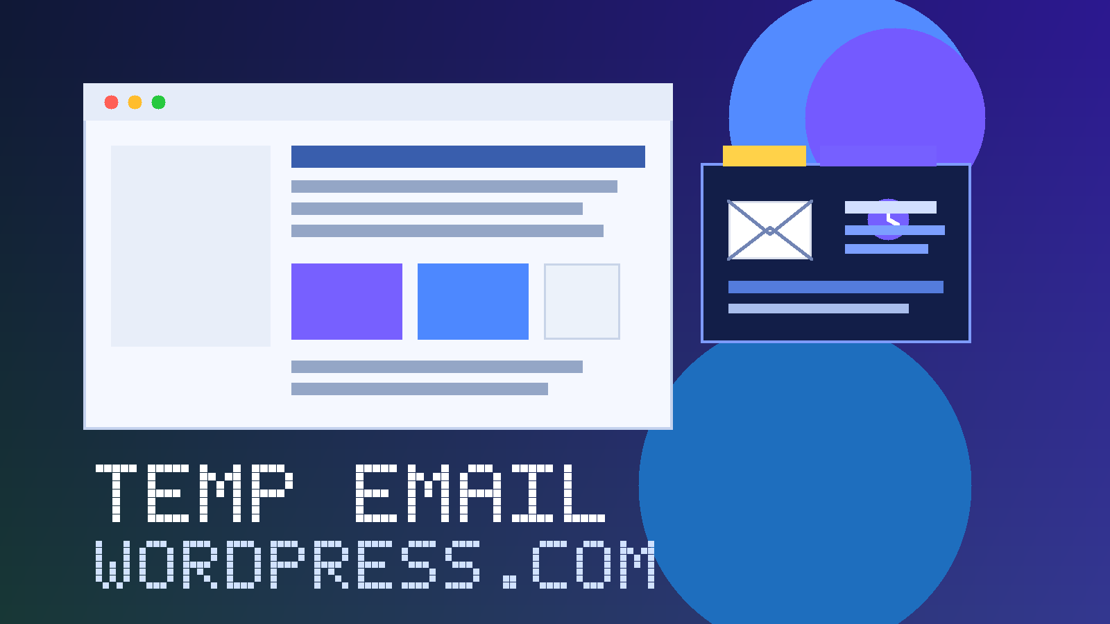 Illustration of a temporary email inbox beside a blogging dashboard for WordPress.com signup testing