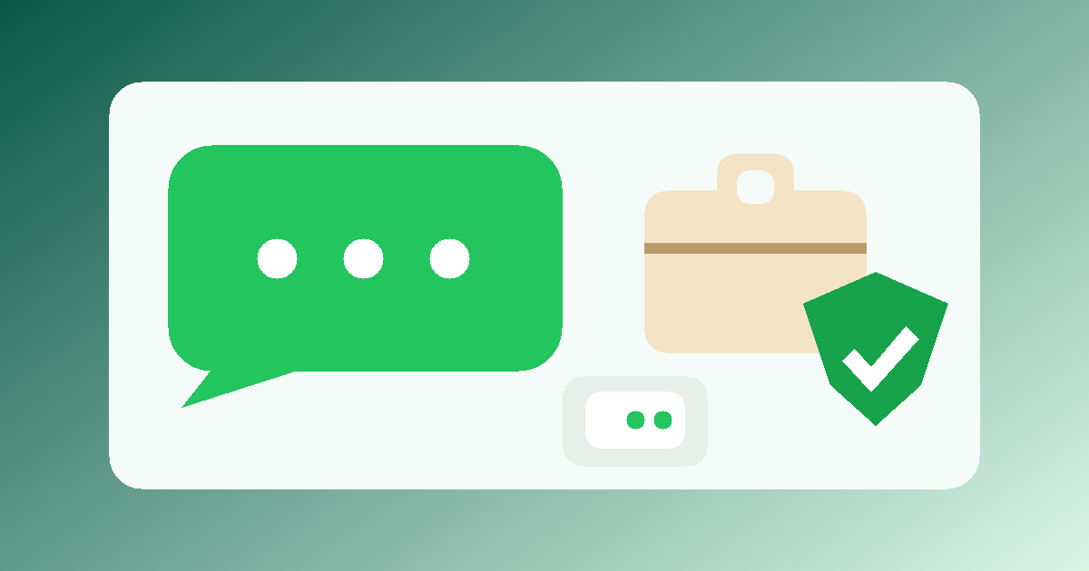 Illustration of a chat bubble, briefcase, and shield representing WhatsApp job interview privacy.
