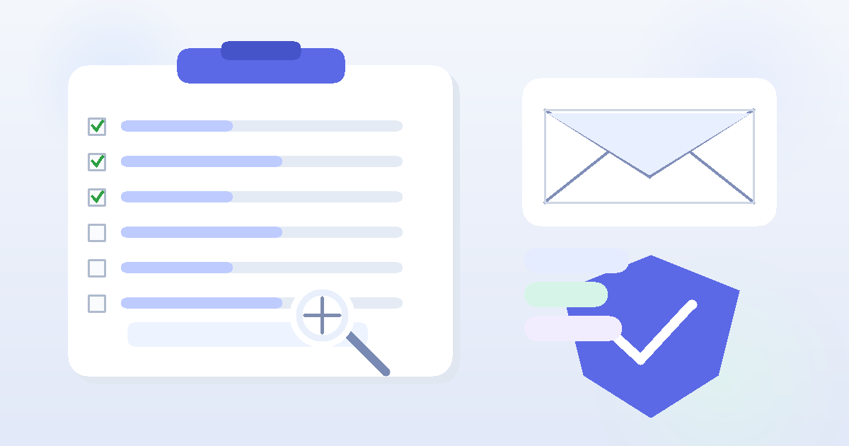 Illustration of a background check form, email envelope, and privacy shield