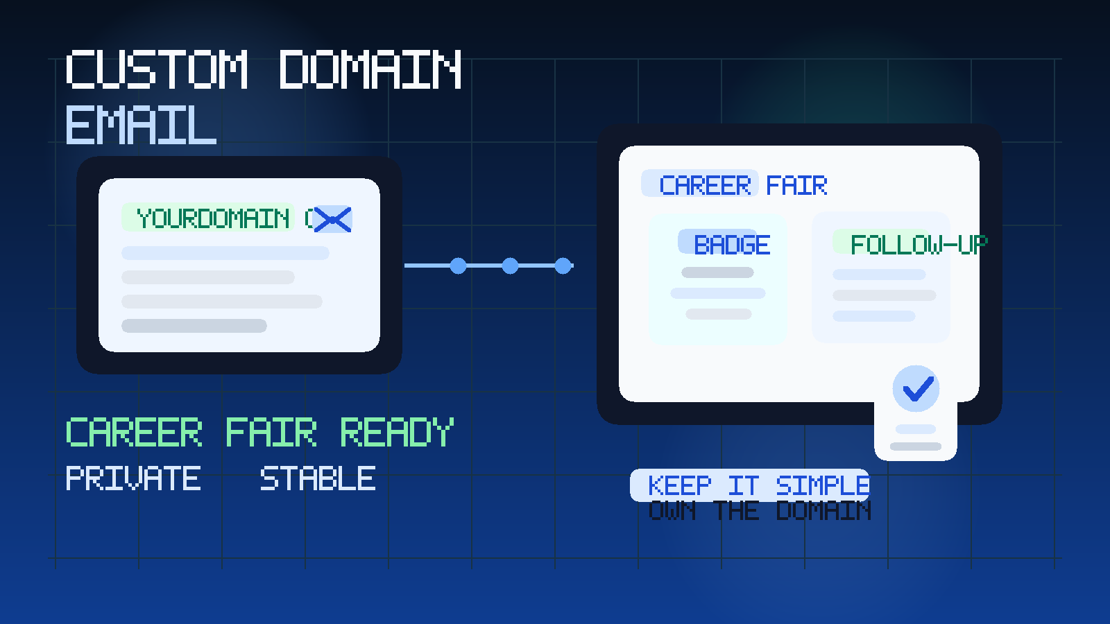 Original illustration showing a custom-domain inbox, a career fair badge, recruiter follow-up lines, and a privacy shield.