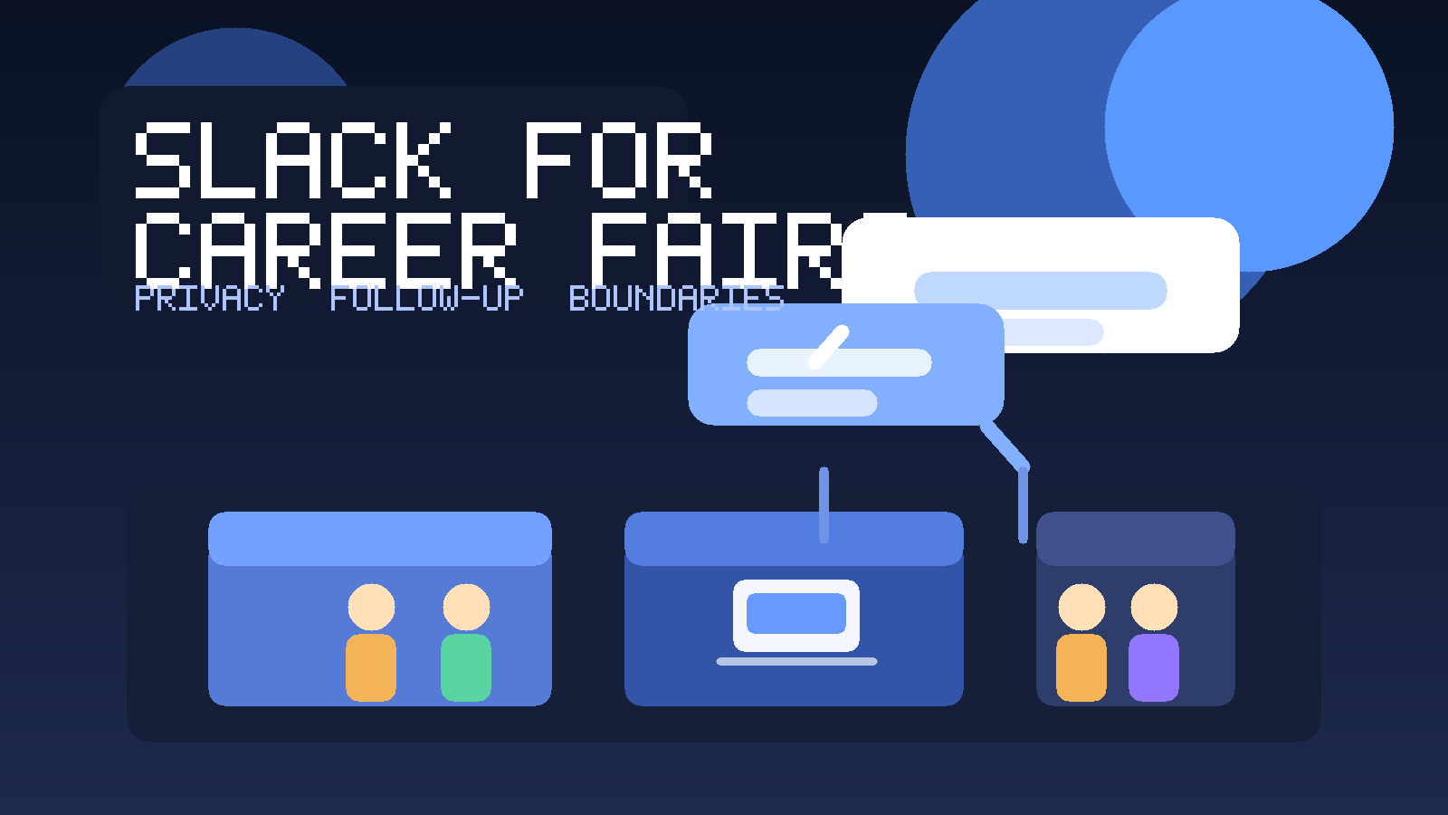 Illustration of Slack-style chat bubbles and a career fair booth