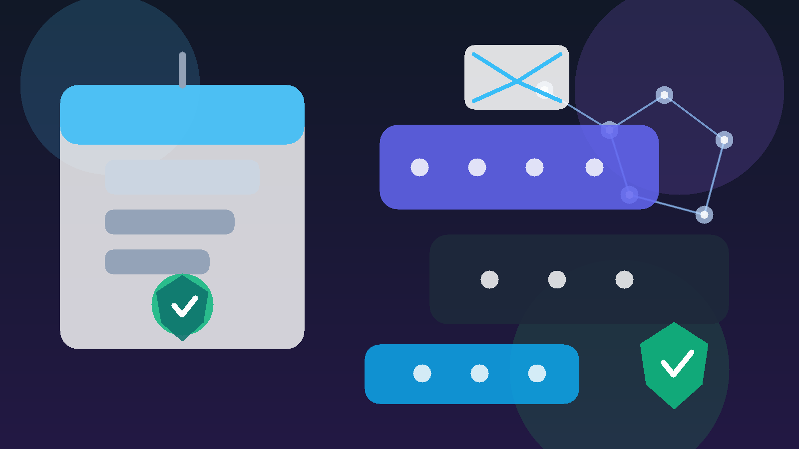Original illustration of a networking event badge, chat bubbles, and a privacy shield for Slack use at professional events.