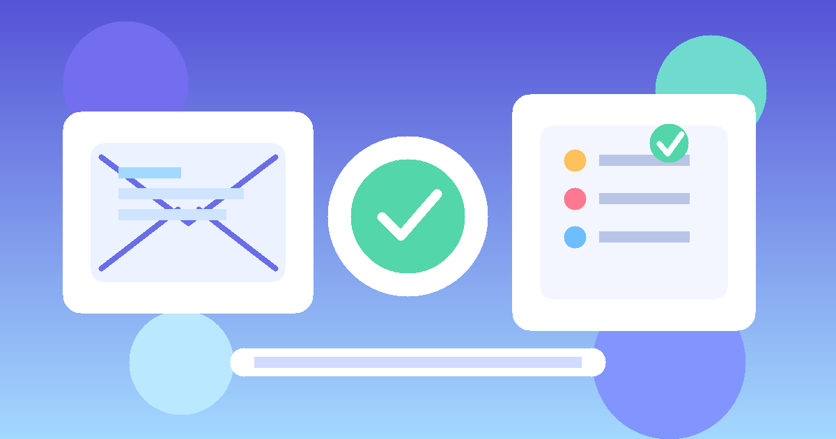 Flat illustration of a temporary email inbox beside a quiz card and privacy shield