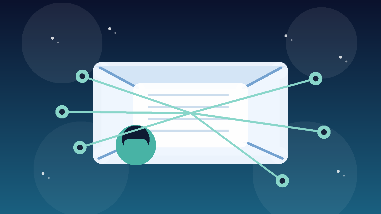 Illustration of a privacy-focused networking inbox with envelope and connected nodes for a temp email for Shapr workflow