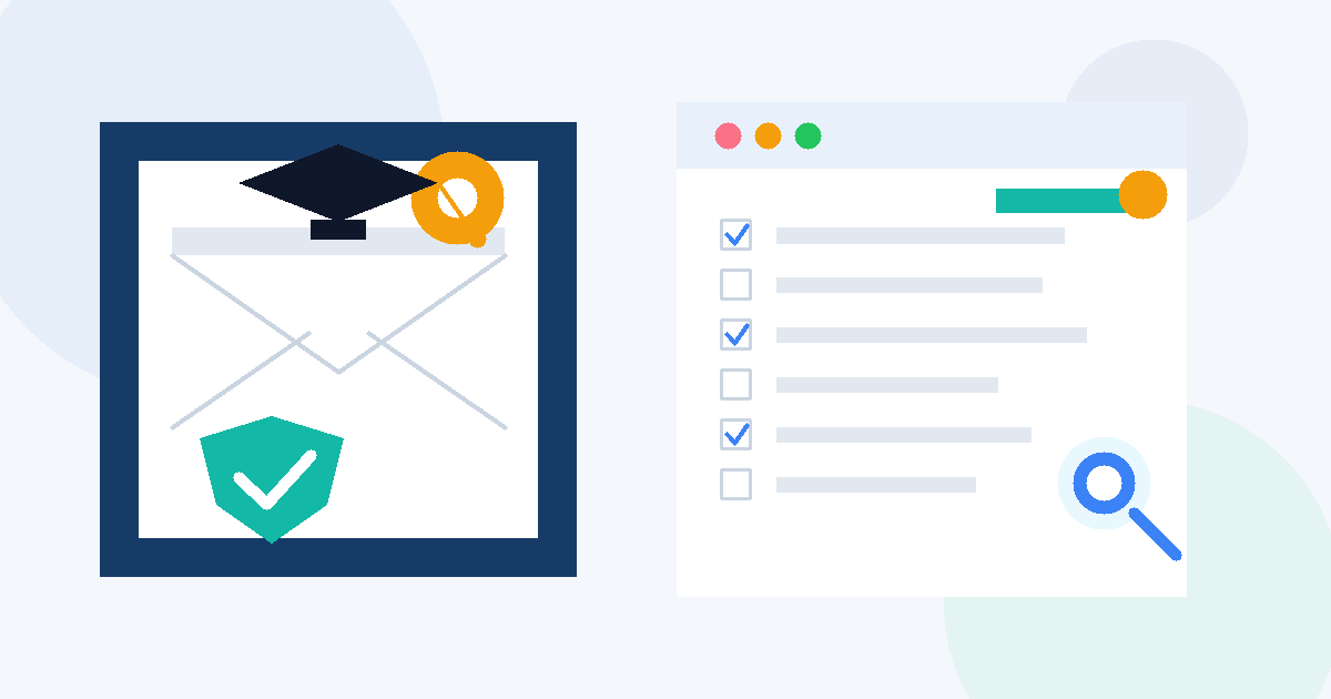 Illustration of an internship application inbox with a graduation cap, checklist, and privacy shield