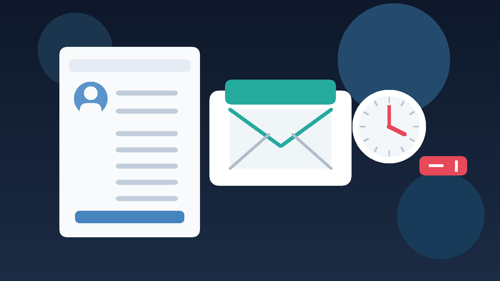 Illustration of a resume, temporary email envelope, and warning clock showing why temporary inboxes can be risky on resumes