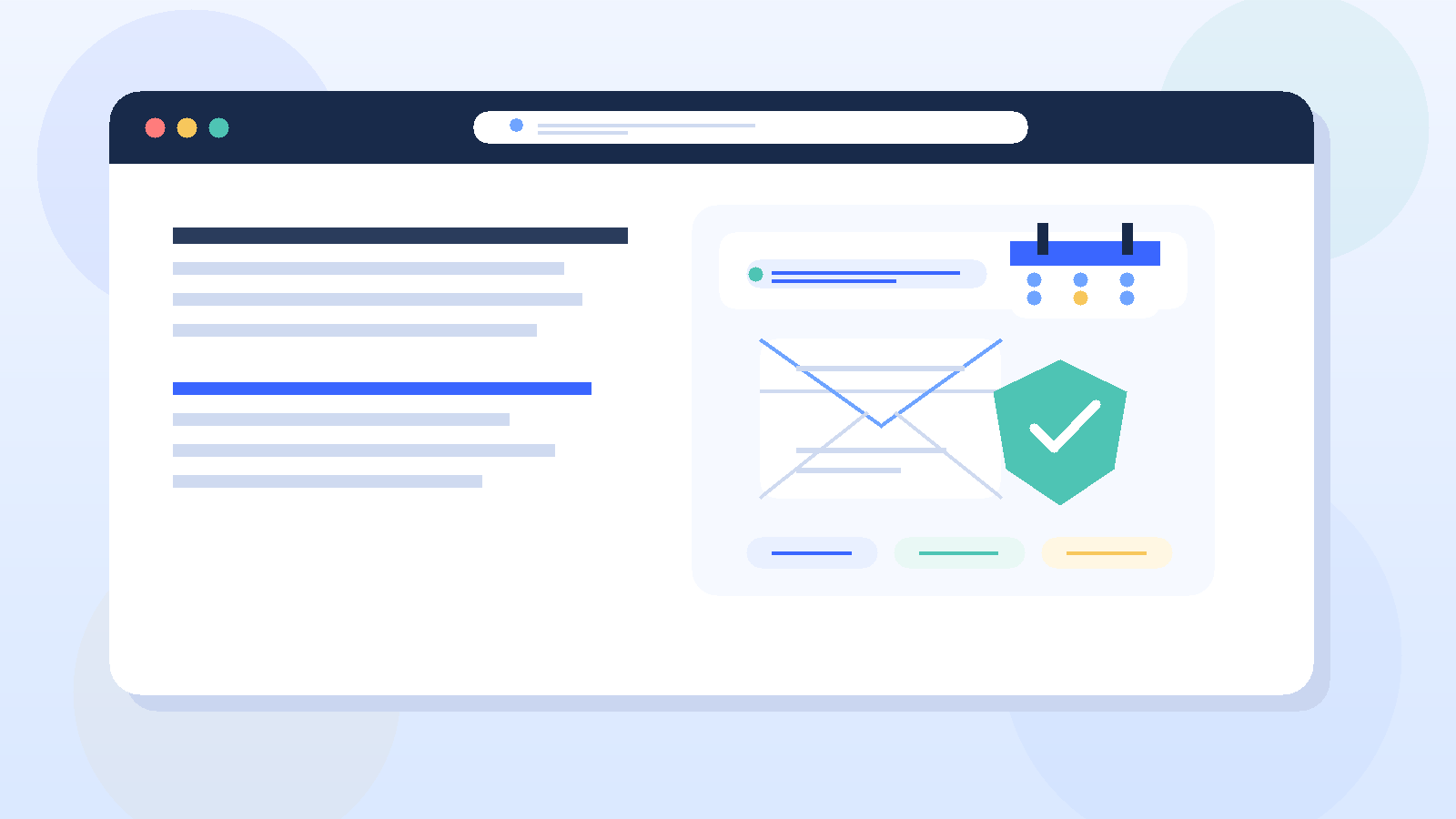 Illustration of a custom domain email inbox with a calendar invite and privacy shield for job interviews