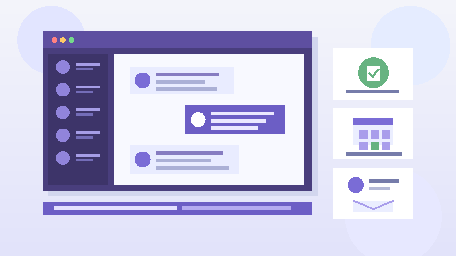 Illustration of a private chat setup for informational interviews with a chat window, profile cards, calendar, and privacy shield