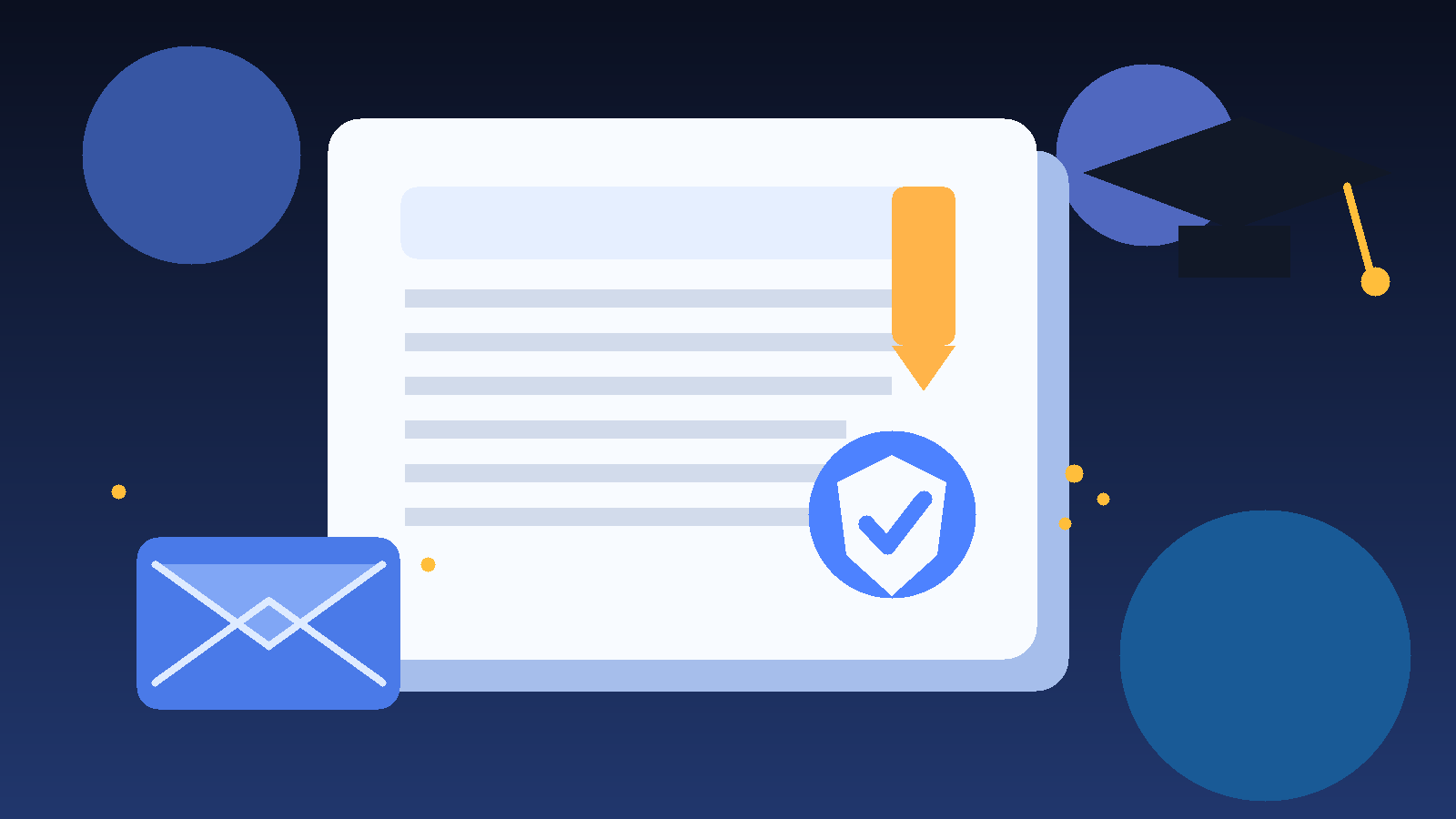 Illustration of a scholarship application email setup with a document, envelope, shield, and graduation cap