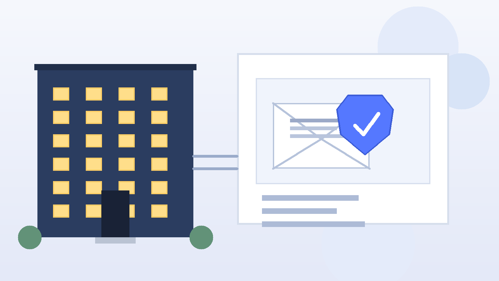 Illustration of apartment application privacy with an apartment building, protected email, and a forwarding alias concept