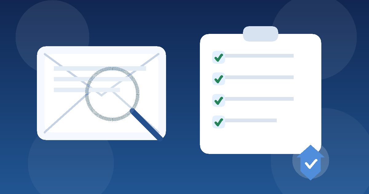 Illustration of an email inbox, reference check clipboard, and privacy shield