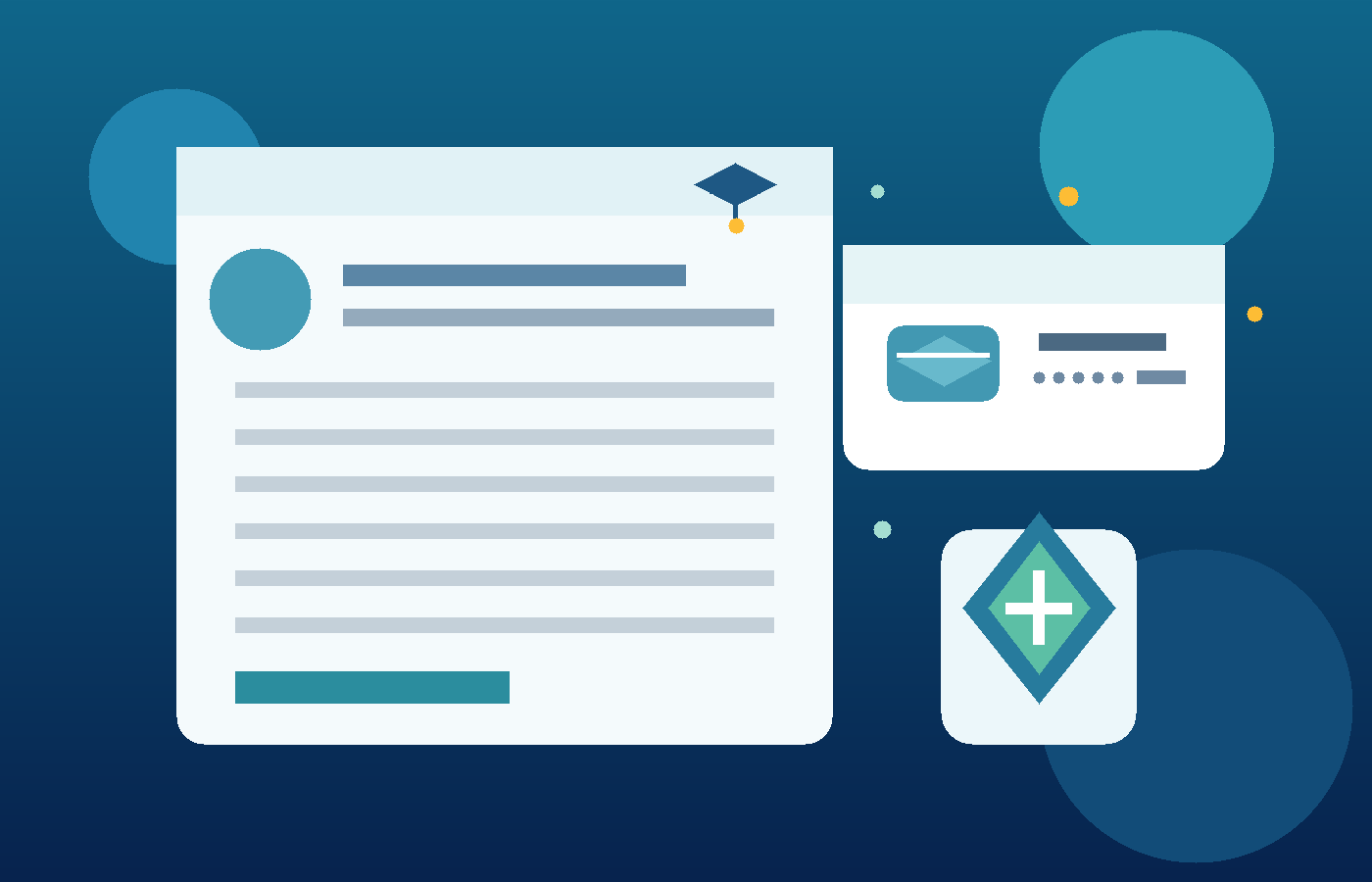 Illustration of an internship application document, a masked email alias, and a privacy shield