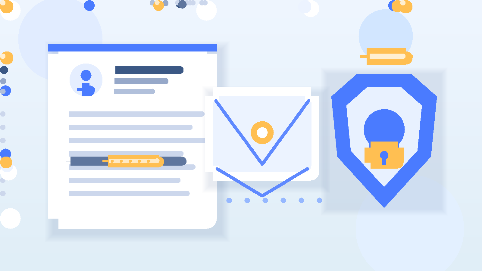 Illustration of a resume with a masked email address, envelope, and privacy shield