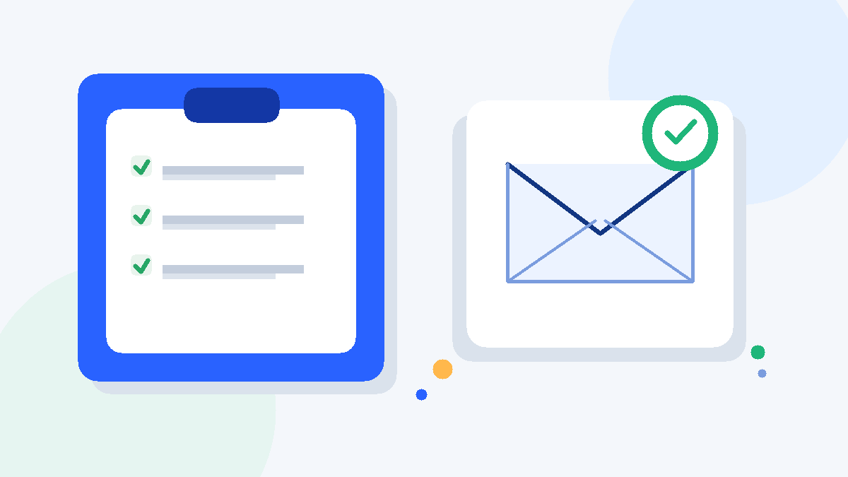 Illustration of an employment verification email checklist with an envelope, clipboard, and shield