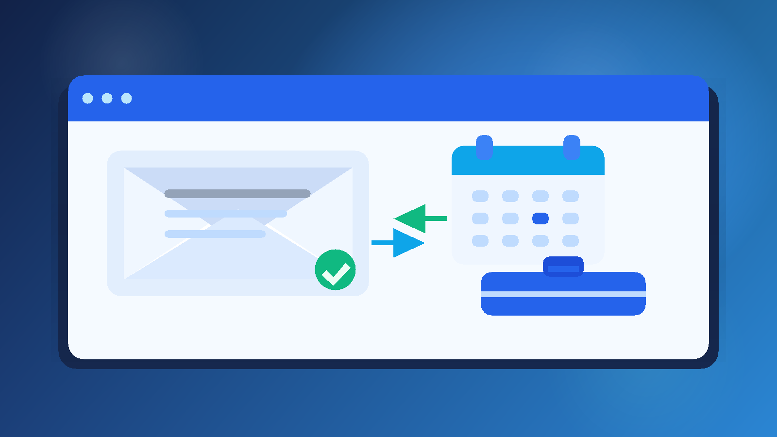 Illustration of a private job interview inbox with an email envelope, calendar, and briefcase