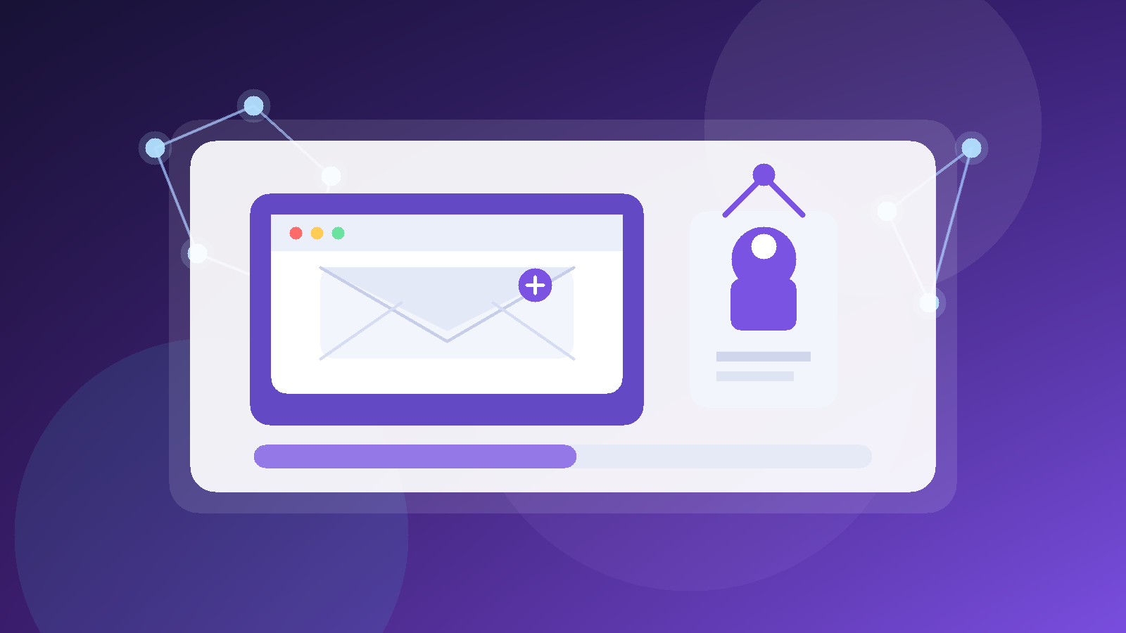 Original illustration showing a privacy-focused email inbox, networking badge, and connection nodes for networking event email safety.