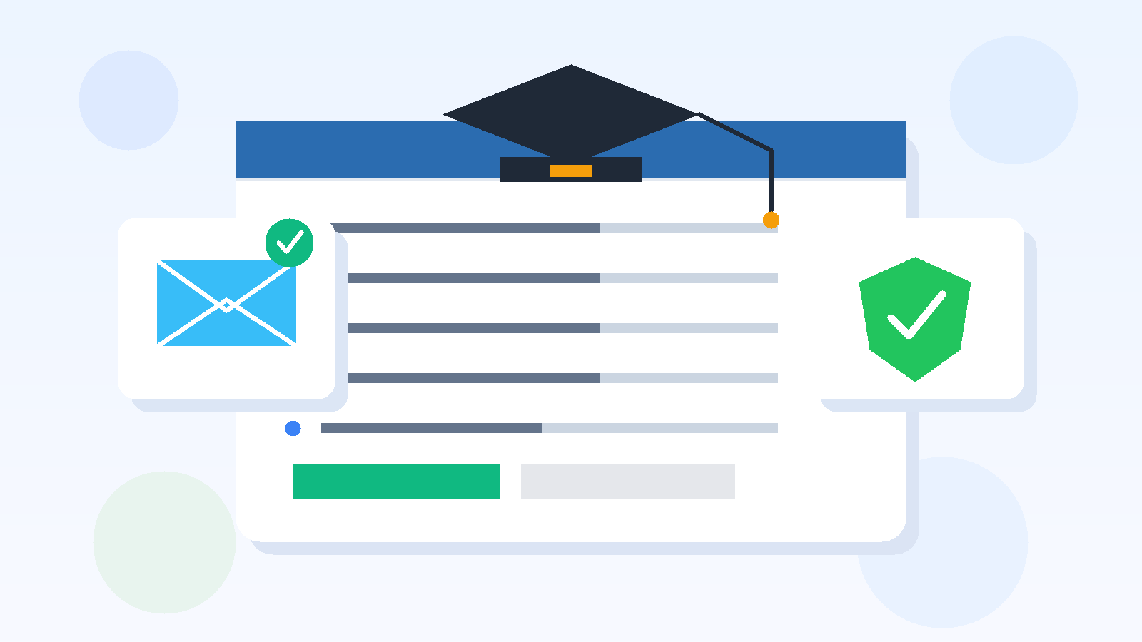 Illustration of a scholarship application form with an email envelope, graduation cap, and privacy shield
