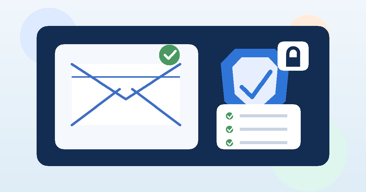 Illustration of a separate email inbox, screening checklist, and privacy shield for background checks