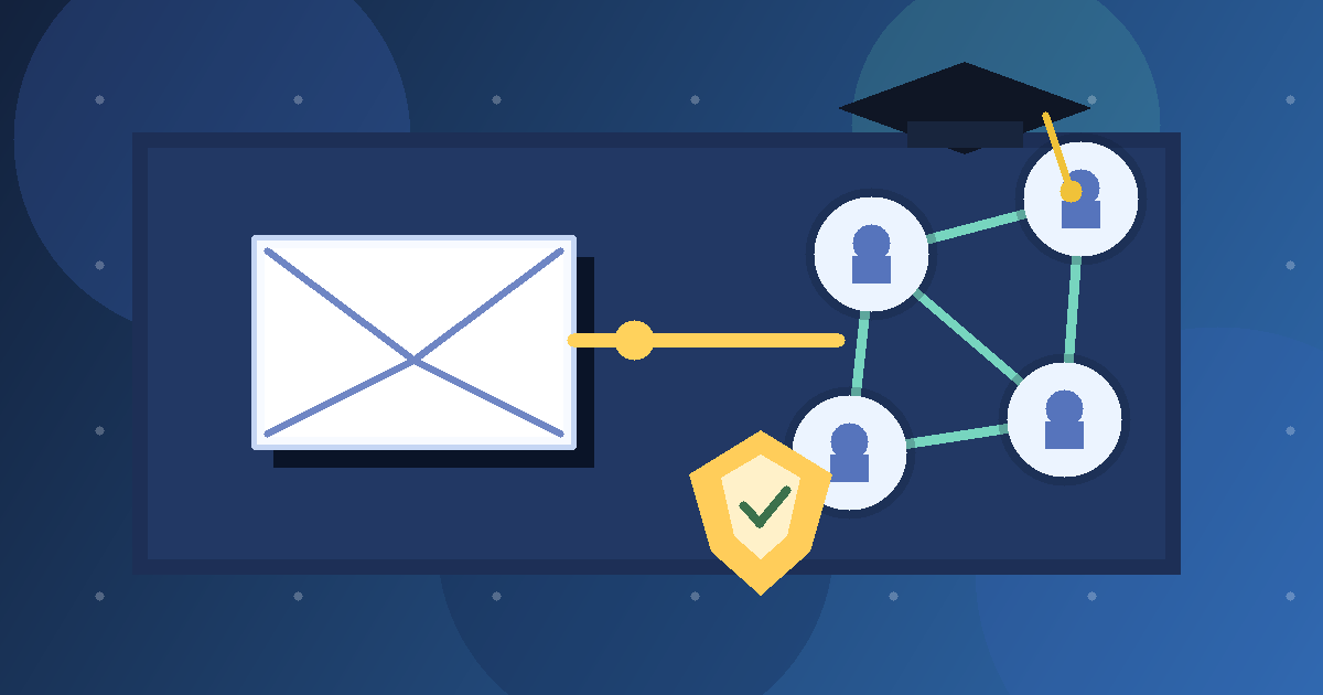 Illustration of an email envelope connected to alumni networking contacts with a graduation cap