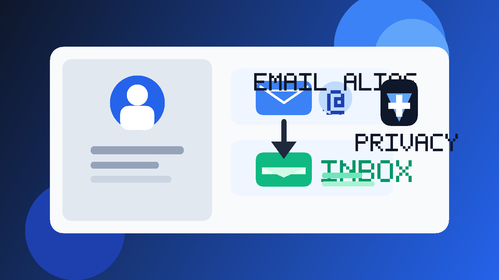 Illustration of a professional profile card, alias email envelope, and protected inbox for LinkedIn privacy